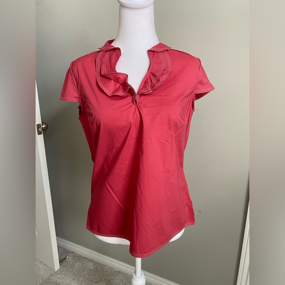 Talbots Cotton Ruffled Pink Peach Short Sleeve Top Blouse Size S Petite
